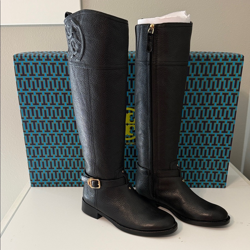 Tory Burch Marlene Riding Boots.  Black Pebbled Leather.  Size 5